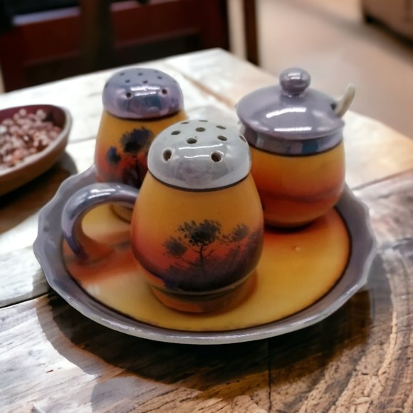 Sunset Japan Condiment Set Salt Pepper Shakers with Lid Jar & Spoon on Tray - Picture 1 of 10